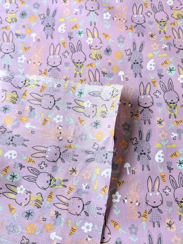 Lilac Purple Sally Polycotton Spring Bunny Rabbit Easter Fabric, Festive Fabric, Holiday Fabric